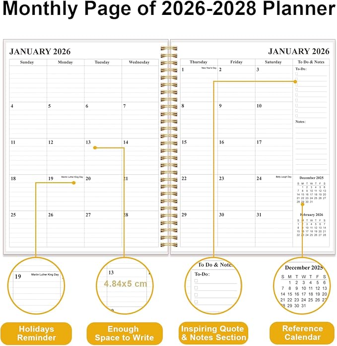 2026-2028 Monthly Planner, Three Years Calendar from January 2026 - December 2028 with Spiral Binding, Inner Pocket, Elastic Closure, 38 Month Planner for Home | School | Office, 8.5" x 11", Black