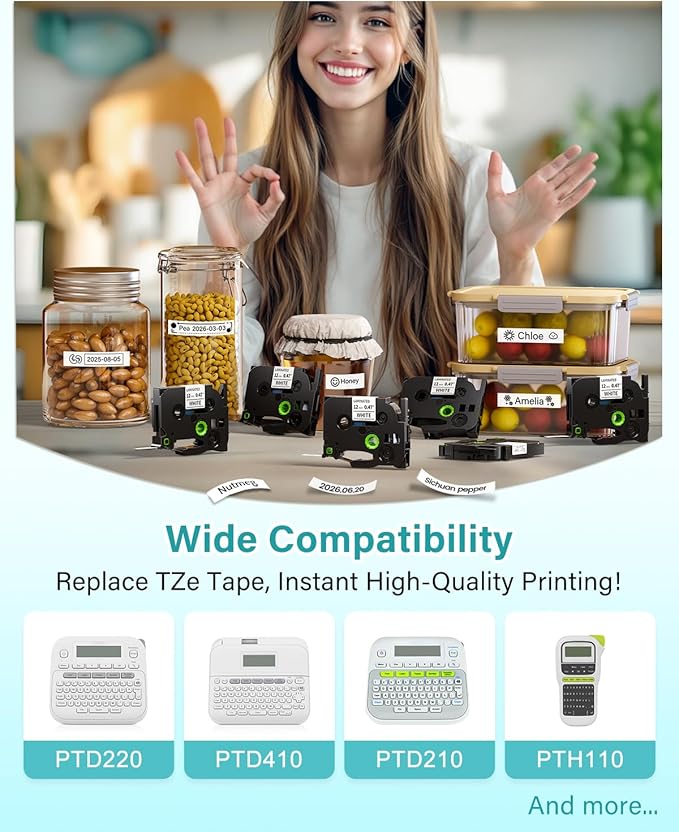 Label Maker Tape Compatible with Brother P-Touch Label Tape TZe-231 12mm 0.47 Laminated White TZ TZe TZe231 Black on White for PT-D220 D210 H110 D200 D400 1280 D610BT Refills 1/2" x 8m, 6-Pack