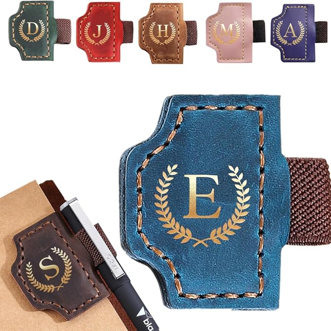 Personalized Bygone Mark Bookmark with Pen Holder, Leather Magnetic Bookmark 26 Letters,Gifts for Book Lovers, Readers, Leather Book Marks for Men Women (Blue, E)