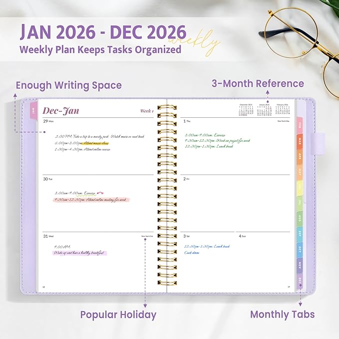 2026 Planner, Annecy Weekly ＆ Monthly Planner 2026, Jan. 2026 – Dec. 2026, 6.4" x 8.5" Monthly Agenda Planner with Tabs, Vegan Leather Cover, Spiral Binding, Double-sided Pocket, Bookmark, Purple
