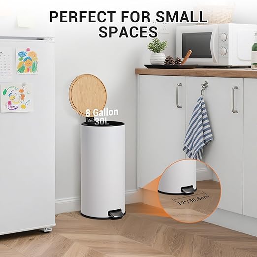 8 Gallon (30L) Step Trash Can with Soft-Close Bamboo Lid – Fingerprint-Resistant Stainless Steel, Removable Inner Bucket, Slim Round Indoor Garbage Bin for Kitchen, Bathroom – White