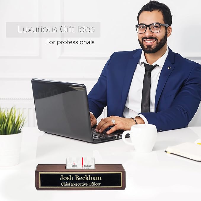 Business Wood Name Plate for Desk | Custom Desk Name Plate Personalized Gift for Office, The Perfect Engraved Name Plaque by Engraving International (2" x 10" with Card Holder, Walnut Wood)