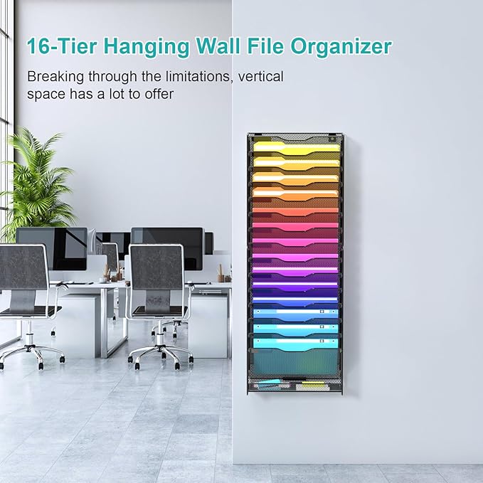 VEESUN Wall File Organizer, 16-Tier Mesh File Holder, Vertical Document Rack For Home, School, and Office Use (Black)
