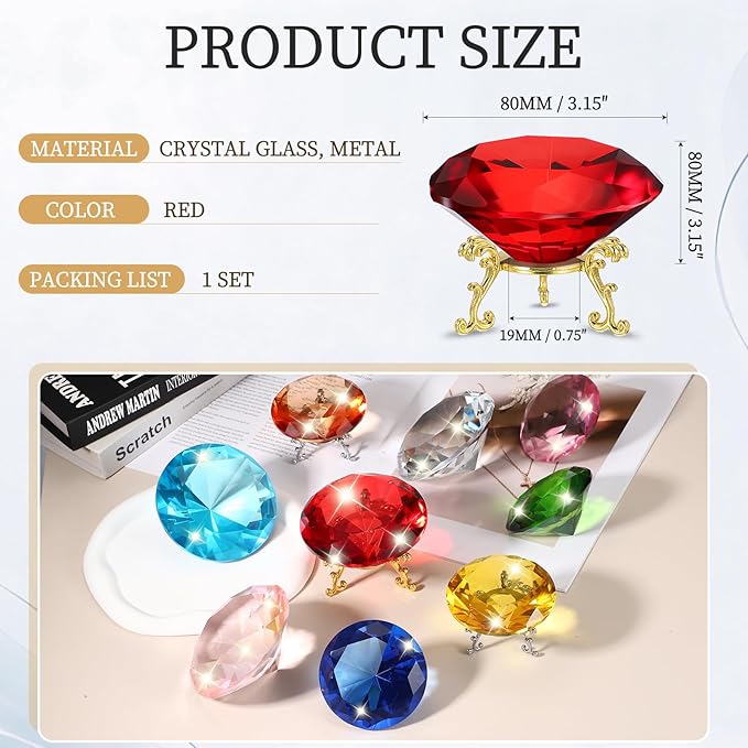 PATIKIL Diamond Crystal Paperweight, 80mm / 3.15" Crystal Paperweight Paper Weight with Gold 19 Metal Base for Home Office Desktop Table Decor Wedding Party Ornaments, Red