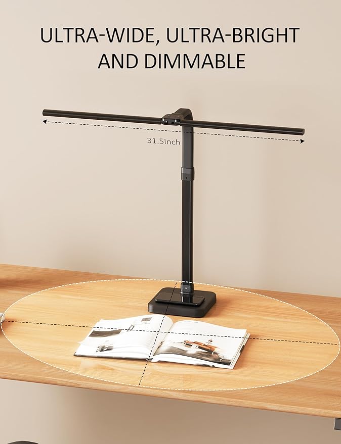AKRRYR LED Desk Lamp for Home Office, Double Head 24W with Base, Architect Light 5 Lighting Brightness Flexible Gooseneck Table Reading Study, Black