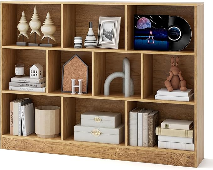 Tangkula 10-Cube Bookshelf, 55”L Floor Bookcase with 2 Anti-Tipping Kits, Freestanding Storage Organizer, 4-Tier Display Shelf for Home, Office & Dorms, Natural/White (Natural, 10-Cube-Large)