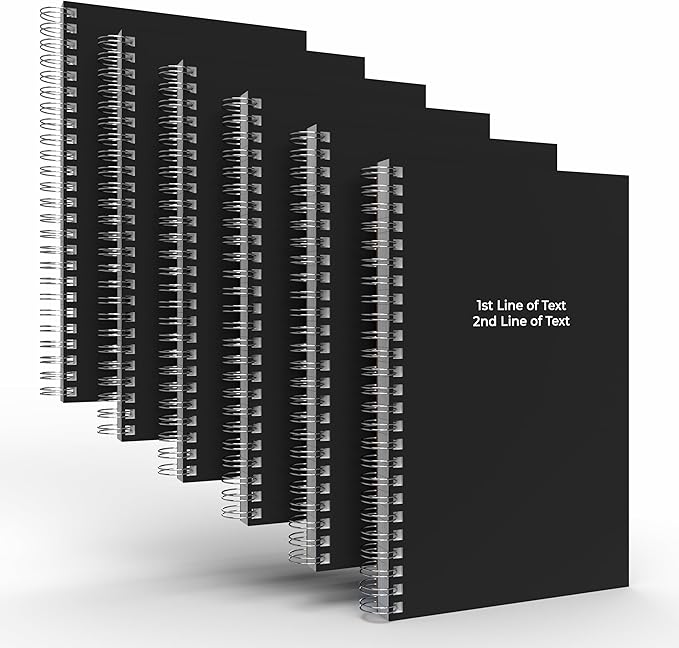 Custom Spiral Notebook Journals with a Black Colored Cover - 6 Pack of 5" x 8" – College Ruled, Hard Cover, 50 Sheets Per Book – For Journaling, Office, School Supplies, etc.