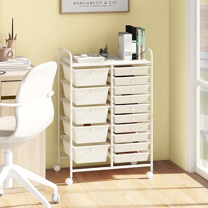DORTALA 15-Drawer Rolling Storage Cart with Drawers, Rolling Utility Cart w/Removable Drawers & Universal Wheels, Tools Scrapbook Paper Organizer for School, Office, Home, Classroom (Ivory)