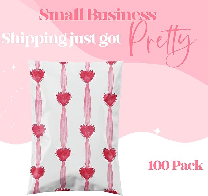 Pretty Package Store 6x9 Designer Poly Mailer 100 Pack Heavy Duty Waterproof Self Seal Shipping Bags for Small Business Large Mailing Envelopes Bulk Tear Resistant Packaging Red Valentine Heart