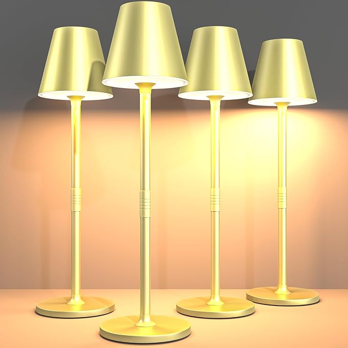 Timjorman 4-Pack Cordless Table Lamps - 5000mAh Rechargeable Battery Operated Desk Lamp, 3-Level Dimmable LED Night Light for Bedroom, Dining, Restaurant - Metal Design (Champagne Gold 4Pack)