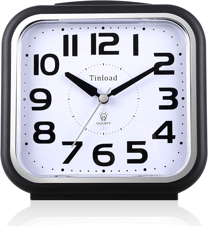 Tinload 5.5" Large Analog Alarm Clock Silent Non Ticking, Gentle Wake, Beep Sounds, Increasing Volume, Battery Operated Snooze and Manual Light, Easy Set, Black (Best for Elder)