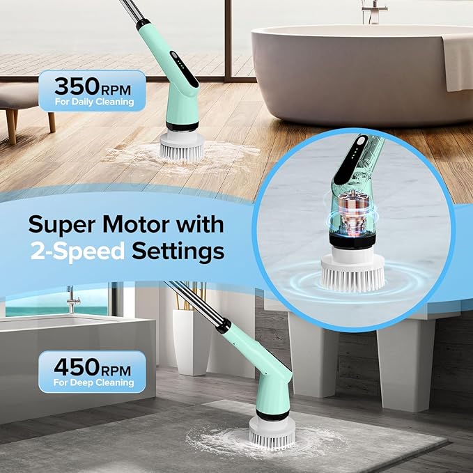 Electric Spin Scrubber, Dreazu IPX7 Bathroom Scrubber with 7 Replaceable Brush Heads & Retractable Handle, 2-Speed Adjustable Spin Scrubber for Bathroom, Bathtub, Kitchen, Tile Floors（Green）