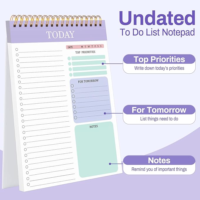 to Do List Notepad with 60 Tear Off Sheets, 6.7 x 9.8" to Do List Notebook for Work Perforated Daily Planner with Task Checklist for Home School Office Personal Organizers, Purple