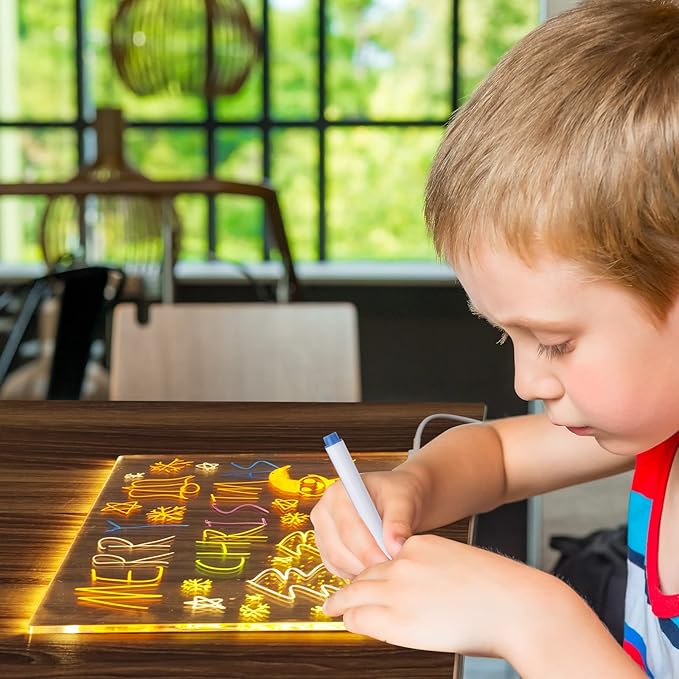 CAPOT Acrylic Dry Erase Board with Light 5.9 X 5.9” Light up Dry Erase Board with Stand as a Glow Memo LED Letter Message Board Led Note Board White Board with 7 Color Pen for Office School Home