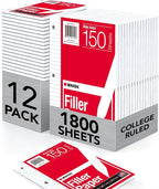 Kaisa loose Leaf Paper Filler Paper 150 Sheets 8"x10.5",Wide Ruled, 3-Hole Punched for 3-Ring Binders, Carton of 12pack
