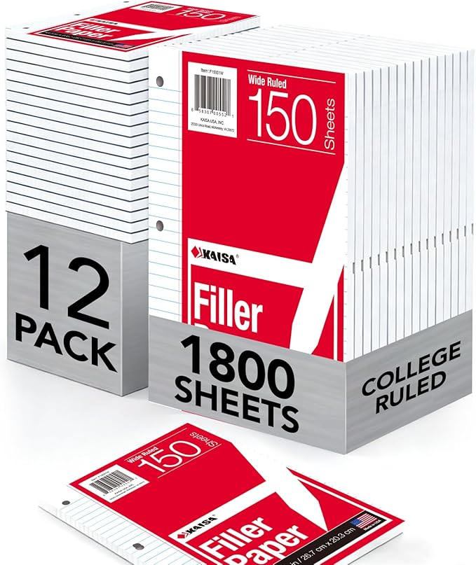 Kaisa loose Leaf Paper Filler Paper 150 Sheets 8"x10.5",Wide Ruled, 3-Hole Punched for 3-Ring Binders, Carton of 12pack