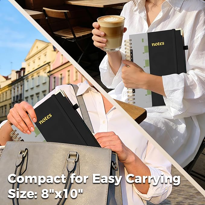 XYark Line Hardcover Spiral Notebook with Removable Dividers Tabs & Ruler, 5 Subject Notebook College Ruled, 300 Page, Large 8"x10" B5 Notebooks for Work School, Lined Journal for Women & Men, Black