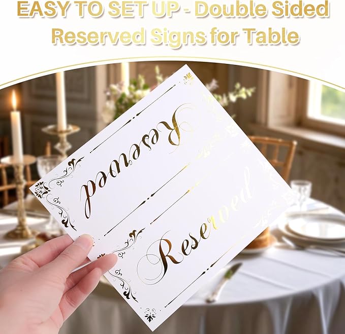 12 Pack Reserved Table Signs White Reserved Table Tent Card with Gold Foil Design for Wedding Party Restaurant - Double Sided Reserved Sign Table Tent Place Cards for Event