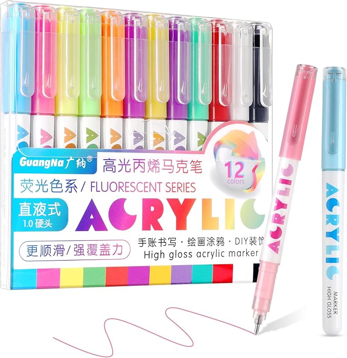 kander Acrylic Gel Pens, 12 Colors Highlighter Acrylic Gel Ink Pens with Bullet Tip,Strong Coverage, Large Ink Capacity, Multi-Purpose Paint Pens for Rock Painting, Crafts, DIY, Art Supplies