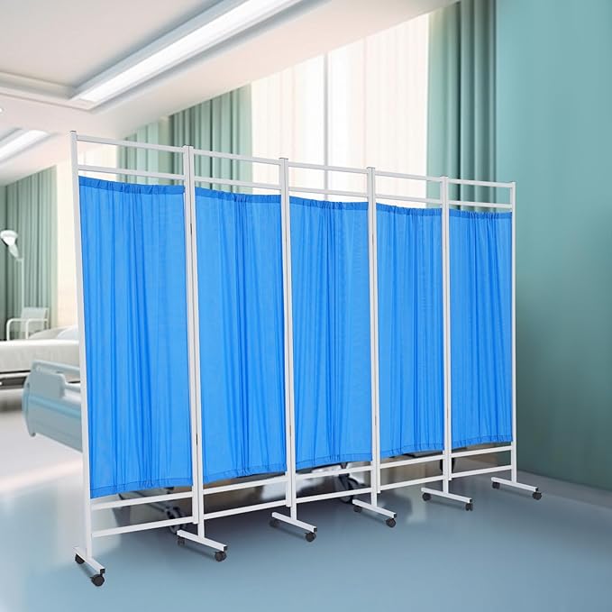 Medical Privacy Screens, Waterproof Nylon Fabric, 98.4 * 70.9 in Foldable Rolling Medical Privacy Screen with Silent Wheels, Suit for Hospitals, Clinics, and Nursing Homes (Blue, 5 Panels)