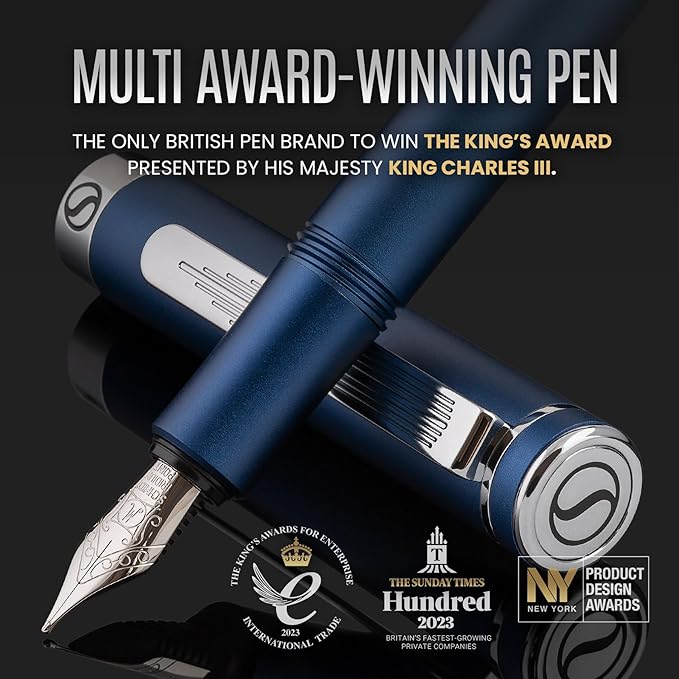 Scriveiner Luxury EDC Fountain Pen (Medium), Stunning Matt Blue Pocket Pen, Chrome Finish, Schmidt German Nib, Converter, Best Writing Pen Gift Set for Men & Women, Nice Fancy Office Designer Pen