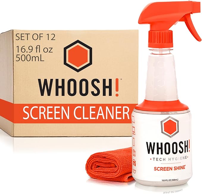 WHOOSH! Pro 16.9 fl oz Refillable TV Screen Cleaner & Microfiber Cloth - Streak-Free Cleaner for Flat Screens, OLED, LCD, Smart TV, Monitors - Non-Toxic, Odorless - Electronics Cleaning Kit, Set of 12