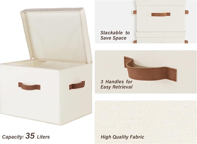 StorageWorks Fabric Storage Bins with Lid, Decorative Storage Boxes for Shelves, Stackable Closet Organizer Basket with Handles, Jumbo, Ivory White, 2-Pack