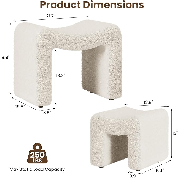 ZYKZYK Ottoman Set of 2, Plush Velvet Vanity Seats with Modern Foot Rest, Backless Stool Pair for Bedroom, Living Room & Makeup Dressing Table(2-in-1) White