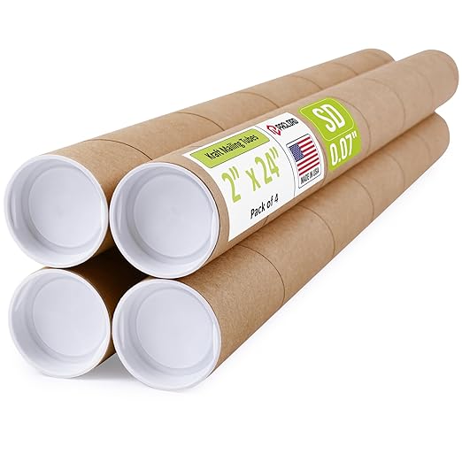 2" x 24" Reinforced Kraft Paper Mailing Tubes, Pack of 4 Tubes with 2 Caps Each – USPS Approved Poster Tube – Made in USA Cardboard Tube for Shipping and Storing Posters, Prints, Artwork, or Documents