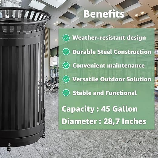 Zedfire 45 Gallon Black Waste Bin with Flat Lid & Door, Outdoor Heavy-Duty Commercial Trash Can Steel Slatted, Round Recycle Container, Durable Garbage Can for Parks, Municipalities, Parking, Schools