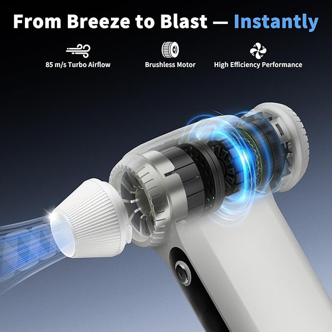 Electric Air Duster 200000RPM Brushless Motor, Cordless Compressed Air Blower with 4 Nozzles & 2 Brushes, 85m/s Powerful Rechargeable Cleaner for PC, Car, Keyboard & Electronics (Frost Silver)
