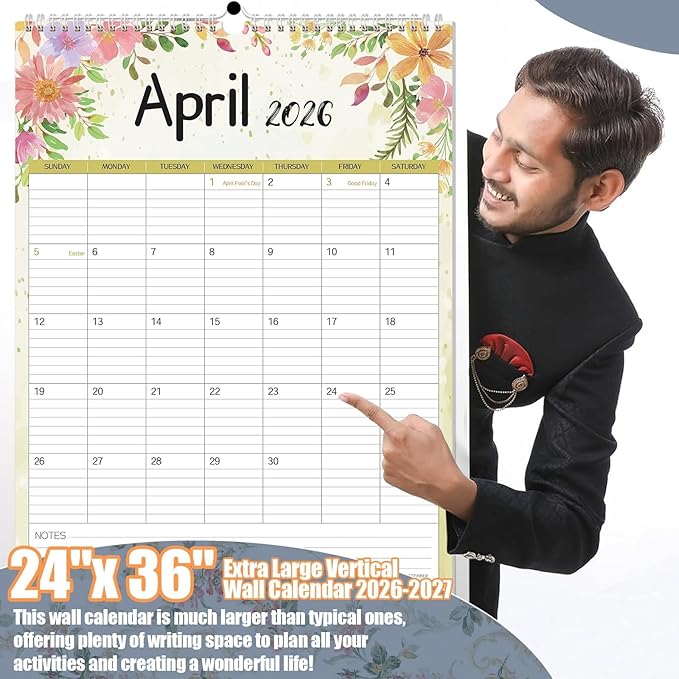 GuassLee Extra Large Wall Calendar 2026,36"x 24" Vertical Jumbo Hanging Wall Planner, 24-Month Aesthetic Large Calendar Jan. 2026 to Dec. 2027 with Thick Paper Watercolor Design for Easy Organizing