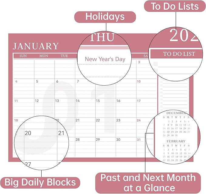 Yoment Desk Calendar Refill 2026-2027, July 2026-Dec 2027, Large 10"x16" Monthly Planner with to-do Lists 18 Months Calendar for Office School Home, Pink
