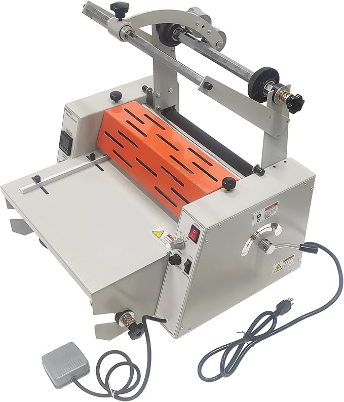 WYDDDARY 14.17"/360MM Electric Steel Roller Thermal Laminator with Toothing Cutter Hot Cold Roll Laminator Adjustable Temp 60-130℃ Electric Laminating Machine for Single/Double Sided Laminating