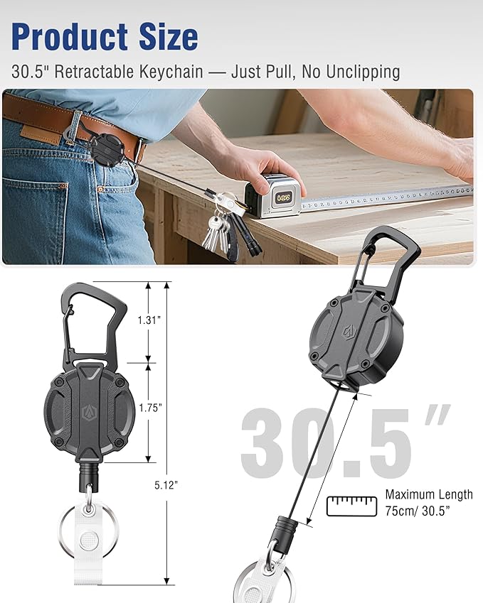 Autonomier 2Pack Heavy Duty Retractable Keychain, Unbreakable Embedded Body with 30.5" Dyneema Cord, Tactical ID Badge Holder Reel Carabiner Clip with Secure Magnetic Closure for Men, Holds 25oz