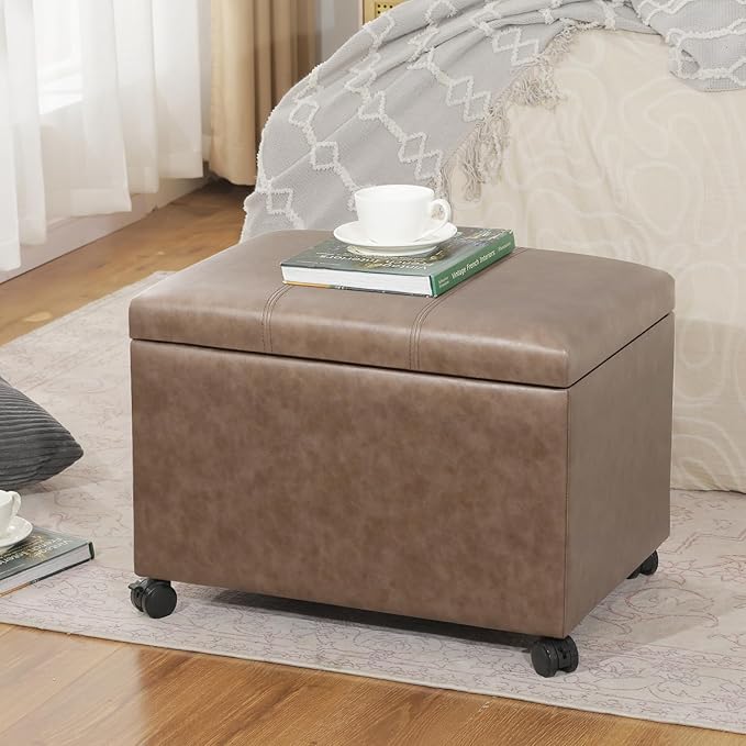 Joveco 24" Linen Storage Ottoman Bench with Wheels, Rectangle Foot Rest Stool for Living Room, Bedroom, Entryway, Earthy Light Brown Veining