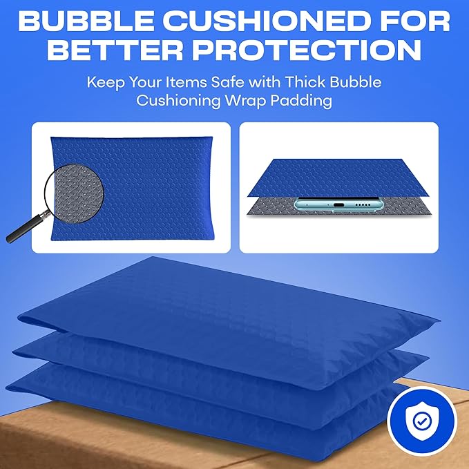 Royal Blue Poly Bubble Mailers 8.5x12 inch #2 | Self Seal Padded Envelopes | Cushioned Bubble Mailer | Usable Size 8.5x11 | Water Proof | Lightweight mailing Shipping Bags | 200 Pack Bulk