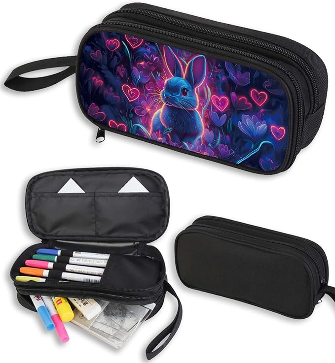 AnySmic Bunny Pencil Case for Boys Girls, Large Durable Pencil Pouch for Kids, Big Capacity Pen Case with 2 Compartments, Double Zipper, Pen Bag Organizer for Child Age 6+