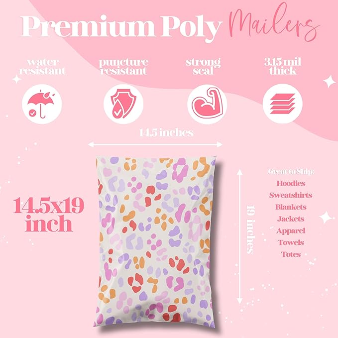 Pretty Package Store 14.5x19 Designer Poly Mailer 100 Pack Heavy Duty Waterproof Self Seal Shipping Bags for Small Business Large Mailing Envelopes Bulk Tear Resistant Cute Packaging Preppy Leopard