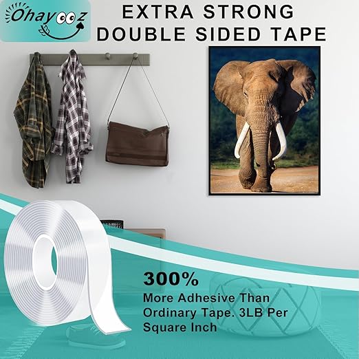 Ohayooz® Extra Strong Double Sided Tape Heavy Duty Removable 10FT, Clear Sticky Nano Adhesive Wall Tape for Hanging Picture, Poster, Carpet, Photo Deco