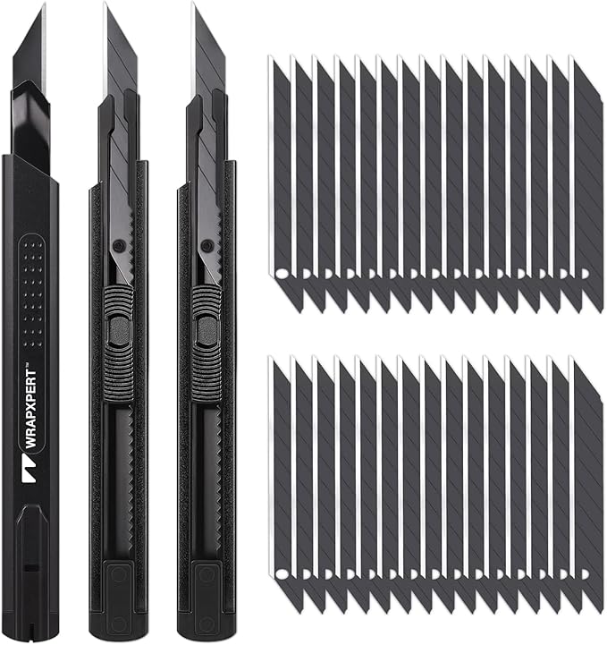 WRAPXPERT Utility Knife Retractable with 30 Degree Snap Off Blade,Box Cutter for Carton,Razor Knife Exacto Craft,3 Pack Retractable Knife for Office,Home Use,with 30 Extra 9mm Blades