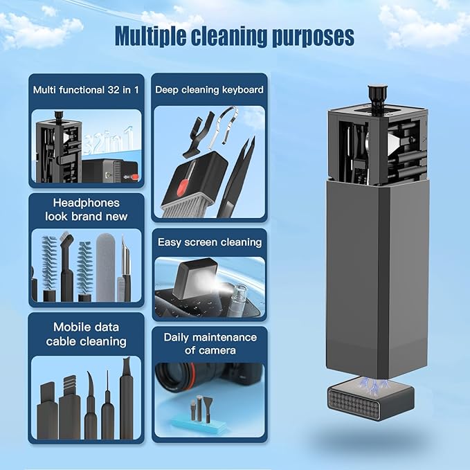 Keyboard Cleaning Kit Laptop Cleaner, 32-in-1 Computer Screen Cleaning Brush Tool, Multi-Function PC Electronic Cleaner Kit for iPad iPhone Pro, Earbuds, Camera Monitor(Black)