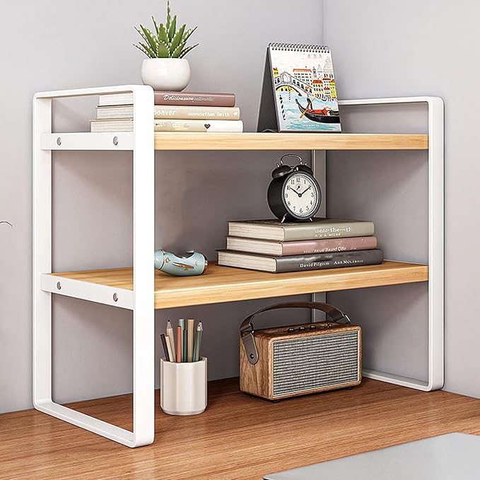 SIDIANBAN Desktop Organizer Shelf Office Storage Rack Computer Desk Bookshelf Adjustable Display Shelf for Office Supplies (White)