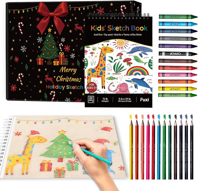 Fuxi Art Supplies for Kids 9-12, Stocking Stuffers | Art Set with 60-Sheet (73lb/120gsm) Sketch Book for Kids Ages 8-12, Jumbo Colored Pencils & Crayons | Ideal Christmas Gifts for Grandkids.