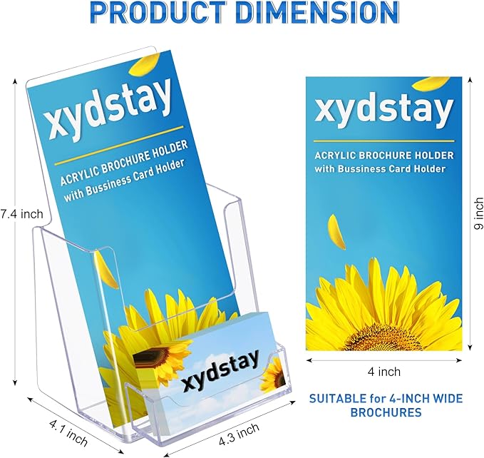 xydstay 4x9 Acrylic Brochure Holder with Business Card Holder, Clear Display Stand, Plastic Table stand Sign Holder, Pamphlet Holder Flyer Holder, Acrylic Display Stand for Office, Home, Store, 4 Pack