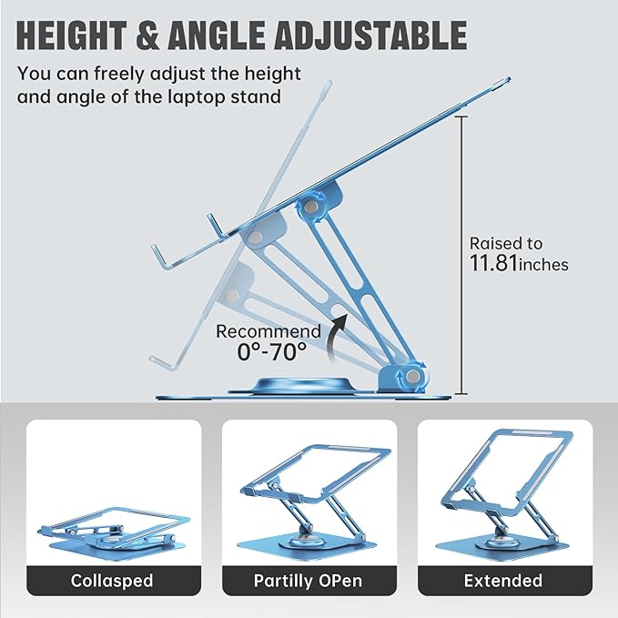 JOYEKY Laptop Stand for Desk, Adjustable Computer Stand with 360° Rotating Base, Ergonomic Laptop Riser for Collaborative Work, Foldable & Portable Laptop Stand, fits for All 10-16" Laptops (Blue)