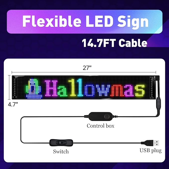 XIAOOHO Programmable LED Car Sign,Scrolling LED Sign,Flexible LED RGB Message Display,Bluetooth APP,DIY Design Colours,Animations,Text, Graffiti