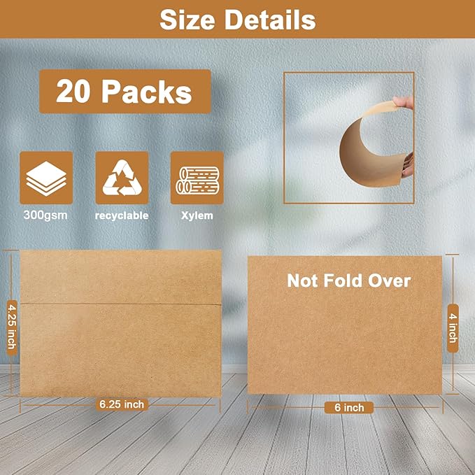 Silunkia Brown Blank Note Cards and Envelopes 4 x 6 Heavyweight Single Panel Cardstock and A4 Envelopes Printable Self Seal 20 Packs for Wedding Invitations, Baby Showers, Thank You Cards