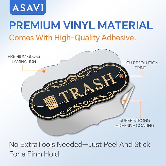ASAVI Trash & Recycle Stickers – 2-Pack Self-Adhesive Vinyl Labels, Waterproof & Durable (Black Gold, Medium 6.3 x 2.7 inches)