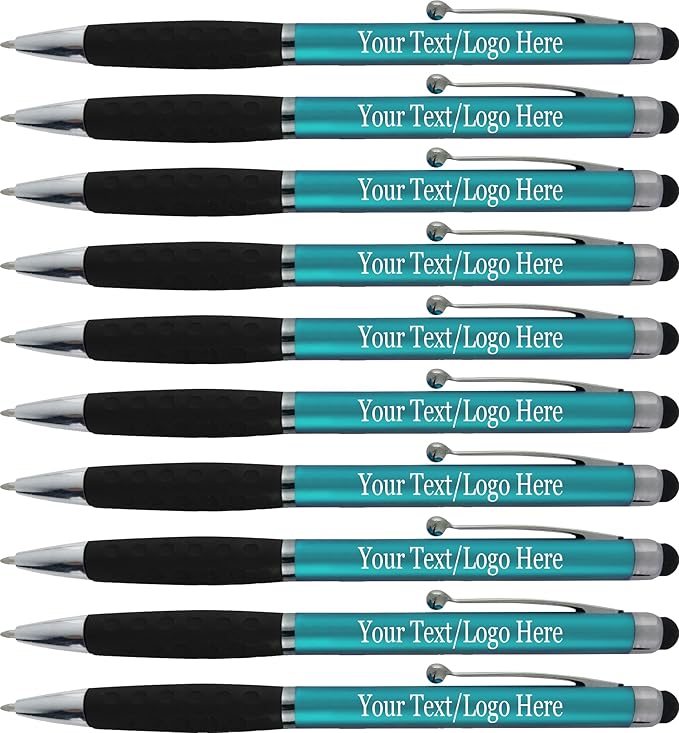 SyPen Personalized Pens With your Custom Logo or Text-300 Pack Bulk-for Businesses, Parties, and Events, 2 in 1 Ballpoint Pen & Stylus for Touchscreen Devices, L'Blue Barrel, Black Ink